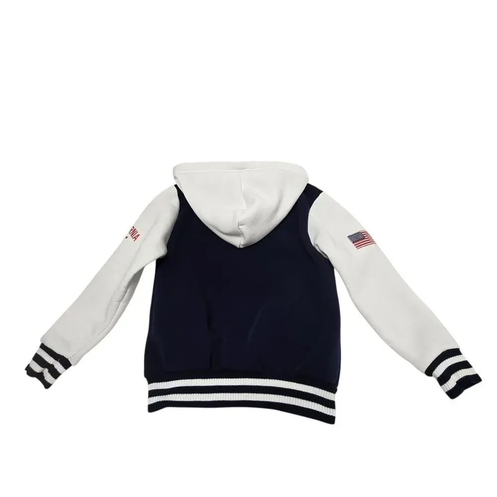 California Citywear Youth Jacket W/Hoodie Embroidered Patches Size 8 Blue White